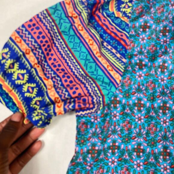 Current Air Floral Tribal Print Shirt Puff Short Sleeve Boho Vibrant Top MEDIUM - Picture 4 of 11